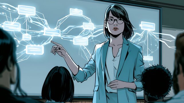 Woman Presenter Holographic Network Diagram Technology Concept Illustration Comic Style Background