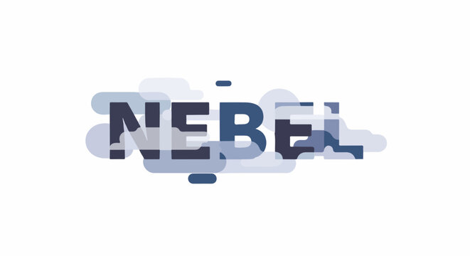 Bold dark letters "NEBEL" abstractly formed with light blue cloud shapes