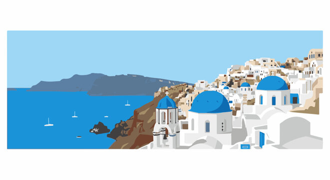 Whitewashed buildings with blue domes perch on a rocky coast overlooking a calm sea