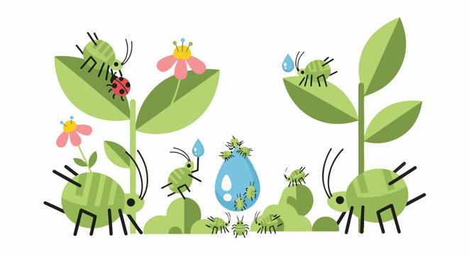 Whimsical green insects and ladybug on leaves with small flowers and dewdrop