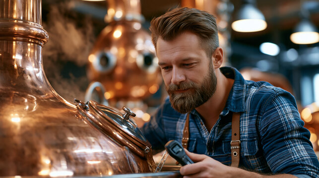 Food factory processing craft beer wort being transferred through sight glasses on a copper brew kettle, steam plumes rising to vaulted industrial ceiling, brewer checking gravity with refractometer
