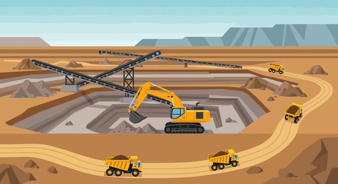 Open Pit Mine Excavation with Diggers and Trucks, Conveyor Belts, Industrial Landscape