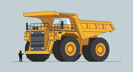 Massive yellow mining dump truck dwarfing a tiny construction worker, industrial scale comparison © Arif