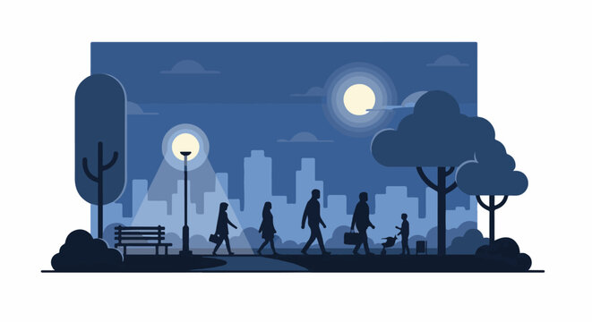 Silhouette figures stroll through a park at twilight with city skyline backdrop