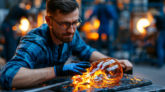 Glass blowing production worker rolling a molten parison on a marver plate, reflected orange light on industrial concrete floor, colleagues at adjacent furnaces forming shapes, ideal for glass studi