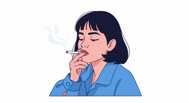 Stylized illustration of a person with dark hair smoking a cigarette and exhaling smoke