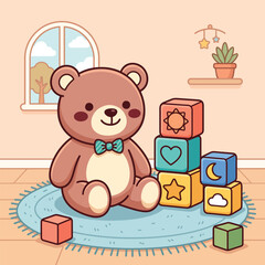 Fototapeta premium Cute Cartoon Teddy Bear Playing with Colorful Educational Building Blocks in a Nursery Room