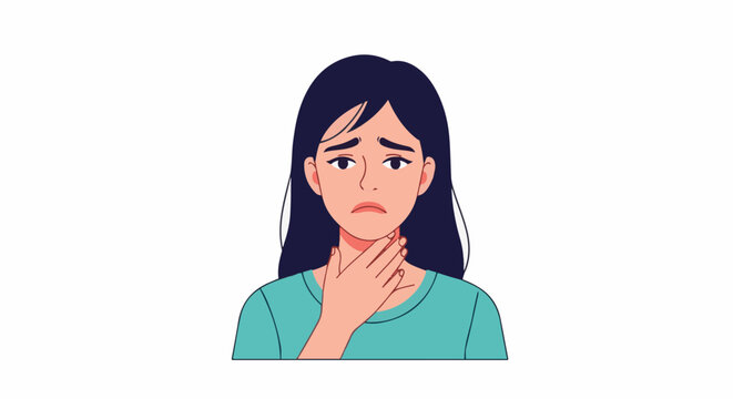 Young woman holding her throat, looking unwell with worry