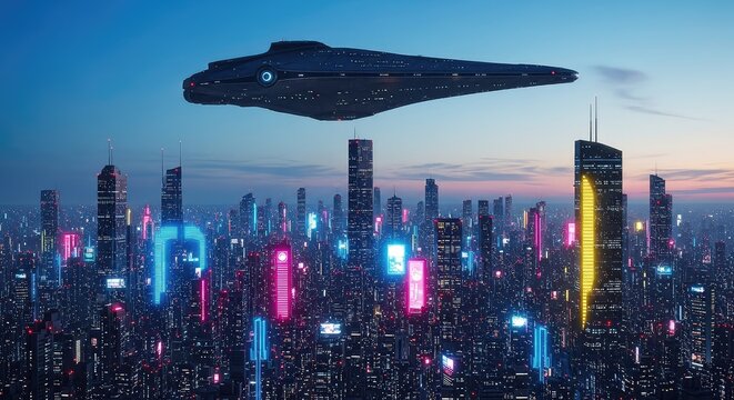 A sprawling futuristic metropolis glows with neon lights as a massive galactic mothership hovers silently above a central cosmic space hub, skyline, space, city