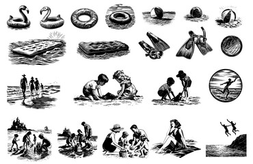 Fototapeta premium Vintage beach vacation vector set with family playing in sand and summer activities