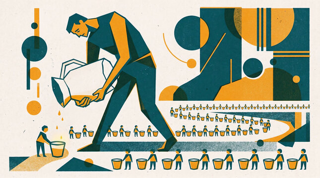 Abstract figure pouring emotional energy from depleting jug into many small waiting cups, flat risograph illustration, emotional depletion and caregiver burnout concept art