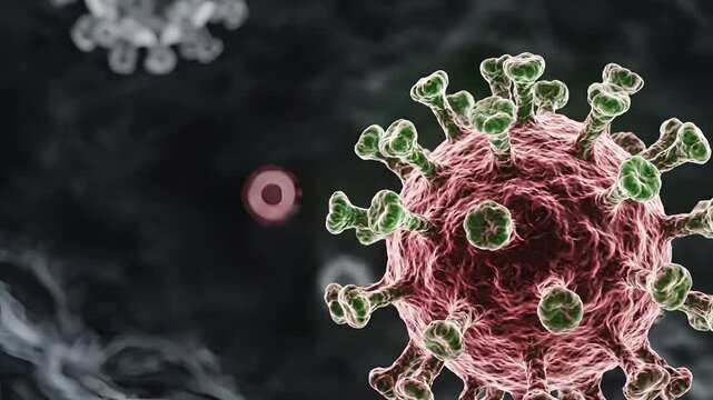 3D Rendering of a Red Coronavirus Particle with Spikes.
