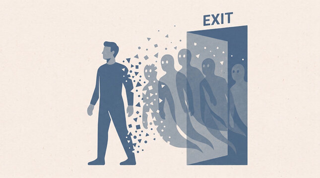 Abstract figure at exit door while past obligations dissolve into geometric particles behind them, flat risograph illustration, boundary setting and letting go concept art