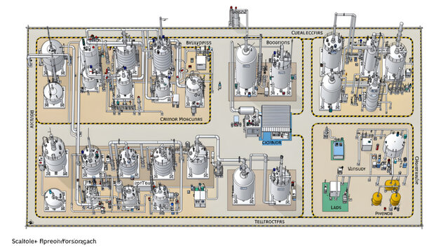 industrial chemical processing plant with stainless steel tanks pipelines and control units