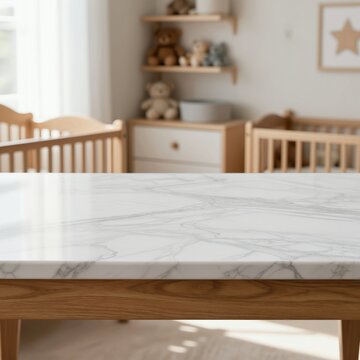 Clean marble table surface in blurred baby room with cribs and toys. Use for product mockup or kids furniture ad. Neutral nursery background.
