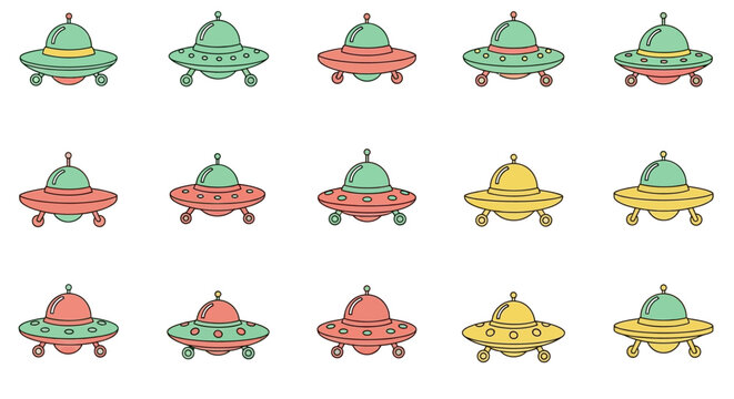 playful cartoon ufo vector collection showcasing diverse alien spaceship and flying saucer illustrations for sci-fi themes.