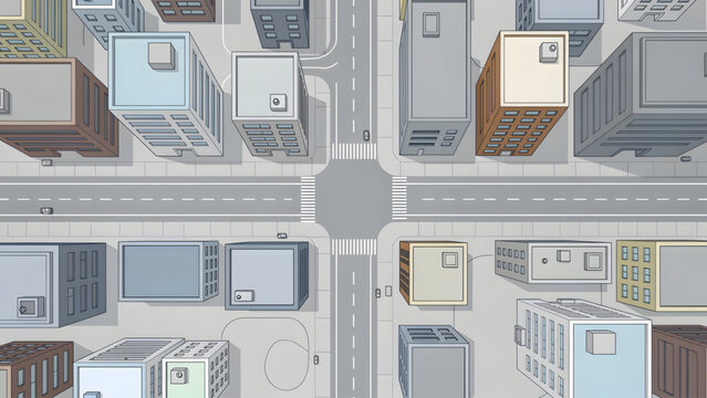 aerial view of gray buildings with crosswalk road intersection and parked cars in city
