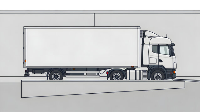 white delivery truck parked by loading dock in industrial area with gray wall
