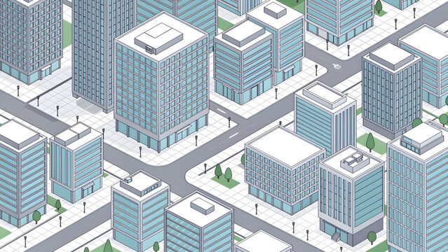 isometric city block with blue glass buildings white rooftops streets and green trees urban layout