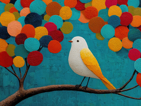Colorful Textured Bird Painting on Branch With Abstract Round Foliage and Turquoise Background