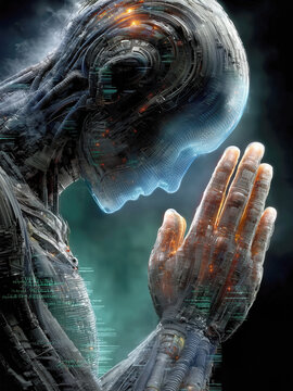 Praying Robot in Contemplation: Futuristic AI Android Reflecting on Faith and Humanity