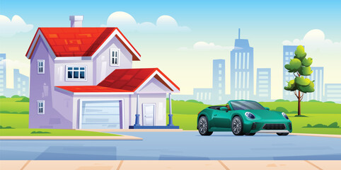 Naklejka premium Luxury house with garage and convertible sports car parked in front of it. Vector cartoon illustration