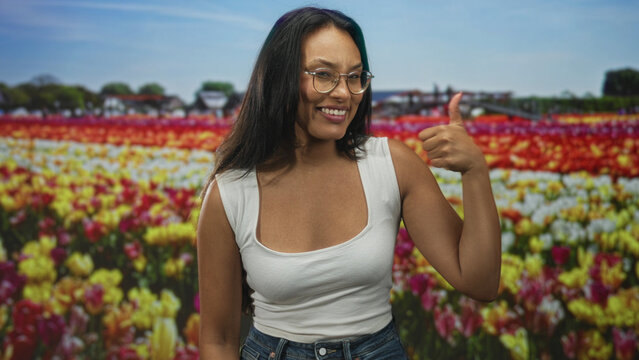 Woman wearing glasses and white tank top gives thumbs up showing bare shoulder in colorful tulip field, smiling at camera; joy.