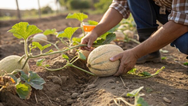 A person harvesting a ripe cantaloupe melon from a vine in a sunny garden or farm field, showcasing fresh produce and agricultural activity.