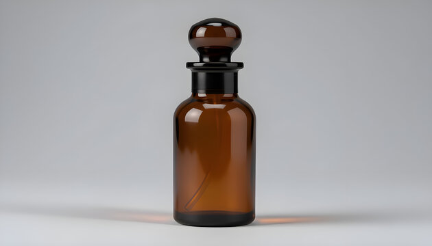 Amber glass apothecary bottle with round glass stopper on gray background, 3D render