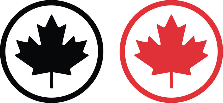 Two distinctive Canadian maple leaf icons, one in black and another in red, are presented inside circles