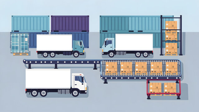 white delivery trucks with stacked cargo boxes on conveyor belts and containers in blue and purple tones