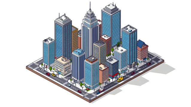 isometric cityscape with blue and gray skyscrapers on busy street intersection