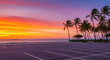 Naklejka premium An empty coastal parking lot sits beside the turquoise ocean waters under a vibrant sunset sky, framed by swaying tropical coconut trees, tourism, cloud, wave