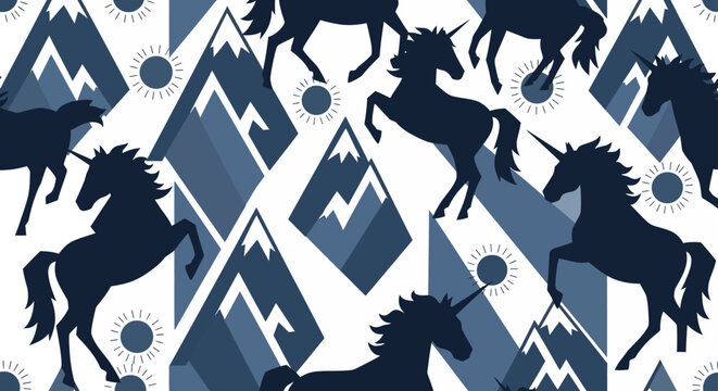 seamless pattern of unicorn silhouettes and abstract mountains on a white background with sun icons evoking a sense of fantasy.