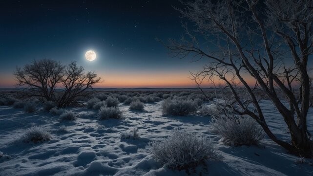 Serene winter landscape under a full moon, showcasing frosty vegetation and a tranquil twilight sky