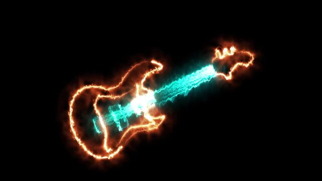 Neon guitar glowing vibrantly against a dark background, ideal for rock music event promotion, rock and roll, graphic neon guitar icon animated neon guitar icon 4k video.