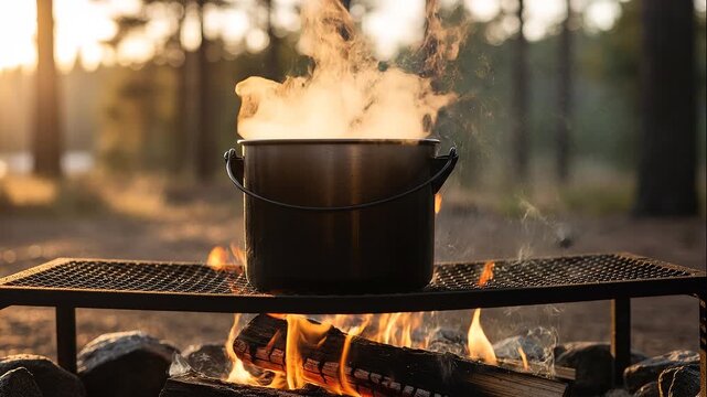 Steaming cooking pot over a campfire in a forest setting at sunset