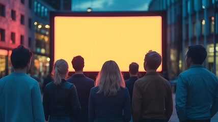 Obraz premium Group of people watching an outdoor movie screen at night in a city