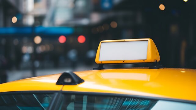 Yellow taxi cab with a lit sign on top driving at night in a city, urban life