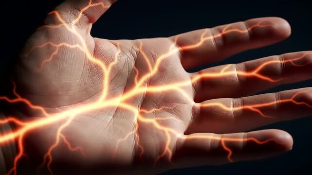 A human hand displays a vibrant orange lightning pattern spreading across its palm. It symbolizes power, energy, or electrical impulses.