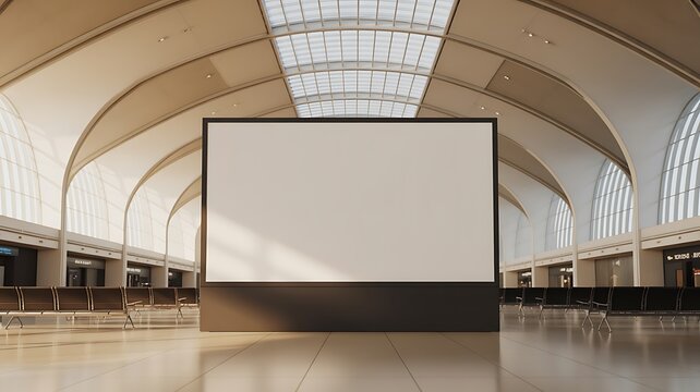Large blank screen in a spacious modern conference room with high ceiling