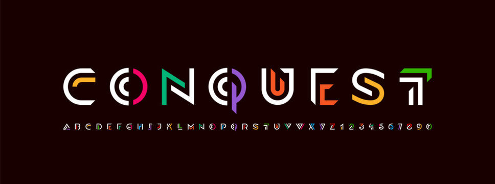 Logo font alphabet from segment multi colored lines, letters A, B, C, D, E, F, G, H, I, J, K, L, M, N, O, P, Q, R, S, T, U, V, W, X, Y, Z and numerals 0, 1, 2, 3, 4, 5, 6, 7, 8, 9, vector illustration
