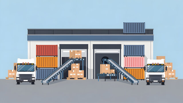 warehouse loading dock with conveyor belts trucks and stacked cardboard boxes in daylight