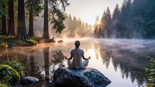 Woman meditating in tranquil forest by misty lake at sunrise