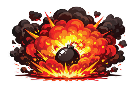 Cartoon Bomb Explosion and Magic Smoke Effect Vector Illustration with Red Fire Cloud and Orange Blast Details for Game Design Comic Art Motion Graphics and Vibrant Visual Element Content