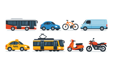 Fototapeta premium Large flat vector illustration collection of urban city transportation vehicles featuring a bus, sedan car, bicycle, delivery van, motorcycle, and heavy truck isolated on a clean white background.