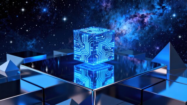 Futuristic circuit cube in space