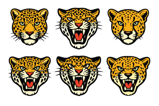 Artistic tattoo flash set showcasing six detailed big cat heads including leopards jaguars and cheetahs with fierce roaring expressions and side profiles for bold animal wildlife illustrations.
