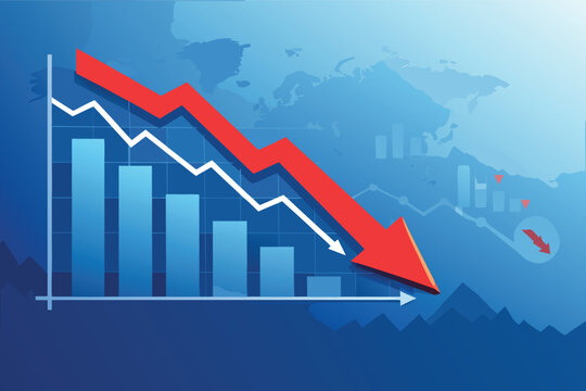Vivid 3D vector illustration of a red downward arrow plunging through a financial bar chart, symbolizing economic recession, market crash, stock market decline, and global financial crisis.