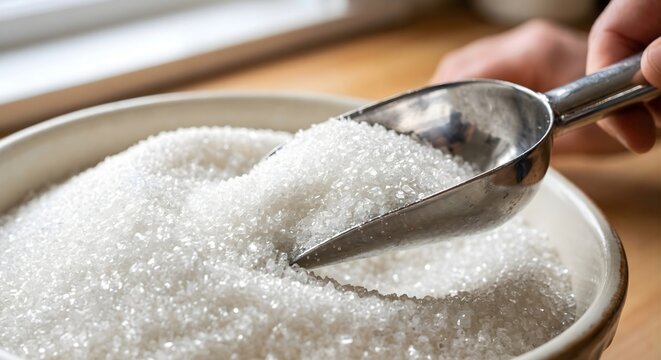 White refined sugar crystals in ceramic bowl with metal scoop close up shot of sweet ingredient for baking and cooking concept of unhealthy diet and food industry production.